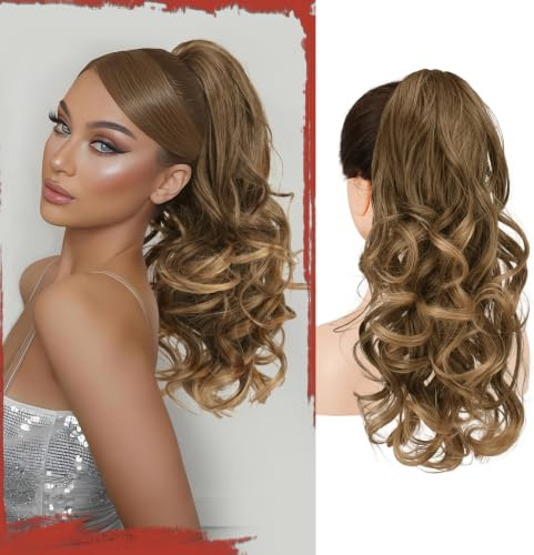 Sofeiyan Haarteil mit Klammer,43 cm Haarverlängerung für den Zopf | Lange Wellig Zopf Extension Claw Clip in Ponytail Extension Synthetik Haarverlängerung für Damen,Dunkelaschblond Goldspitzen