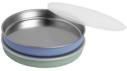 Elk and Friends 7.8” Stainless Steel Non Divided Plates with Silicone Sleeve + Storage Lid | Baby, Toddler, Kids | Dishwasher Safe | Dinner & Snack Plates | 2 Pack