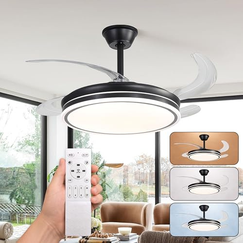 CLAR Ventilador Techo Aspas Retráctiles, Ventilador de Techo con Luz, Silencioso con Mando, Aspas Plegables y Motor Reversible, Ceiling Fan with Light (Negro, 48W)