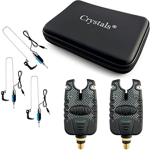 Crystals 2PC Fishing Bite Alarm, Carp Fishing Bite Alarm Set with Adjustable Volume & Tone – Fishing Swinger Indicators Included – Compact Case – Ideal for Carp Angling, Night & Day Fishing_Black