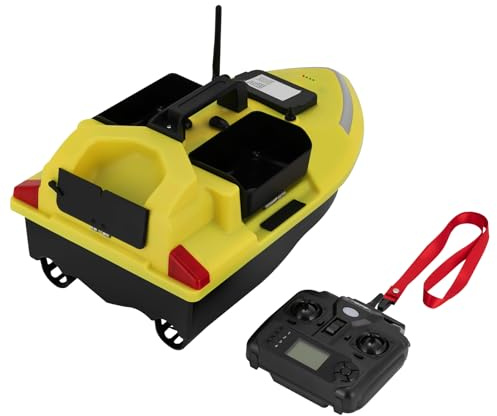 OUKANING Fiske foderbåt med 500 m fjärrkontroll, fiskedrag, båt med 3 betesboxar, kan belastas upp till 2 kg, GPS-fiskebetesbåt med LED-sökstrålkastare och 12 000 mAh batteri (gul)