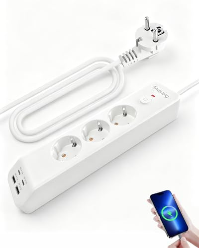 Amening Steckdosenleiste 4 USB Mehrfachsteckdose Wandmontage 3 Fach Steckerleiste mit Schalter USB C Mehrfachstecker Überspannungsschutz Steckdose Verteilersteckdose1,8M Kabel(Weiß)