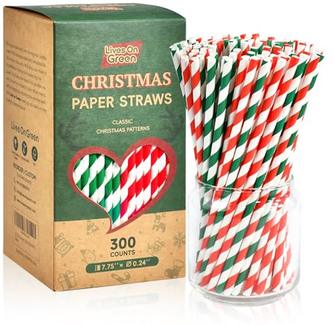 Lives On Green Cannucce natalizie in carta verde e rosso, cannucce usa e getta per cocktail, caffè, succhi di frutta, decorazioni per feste, confezione da 300 pezzi, 7,75 pollici