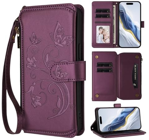 Funda para Motorola Moto E13 2023, funda con relieve de mariposa y cremallera, piel sintética, funda de silicona para teléfono móvil, función atril, cierre magnético, color lila