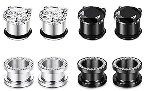 RDSGYZ 8Er Körperpiercing Tunnel Flesh, Dehnstäbe Größenauswahl Silber Schwarz Edelstahl Ohr Plugs Stecker Creolen und Zirkonia für Unisex 4G