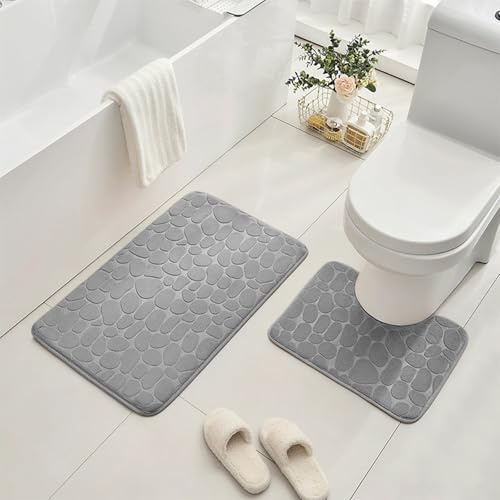 AMFUN 2 Pezzi Tappeto da bagno in Flanella, Tappeto Bagno Assorbente, Tappetino da Bagno Antiscivolo a U, Assorbente, Lavabile (Grigio chiaro, 40 x 60 cm & 40 x 50)