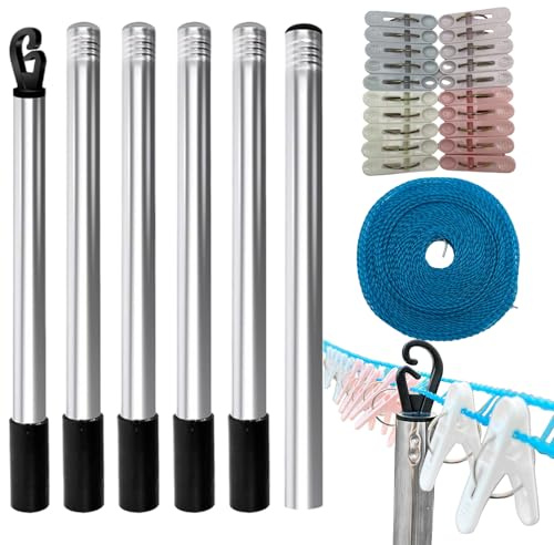 Tyinerc - Soporte retráctil para cuerda de lavandería (2,2 m, barra de soporte de longitud total, 2,2 m) | poste de soporte para cuerda de lavandería con 10 m y 20 pinzas, para soporte y secado