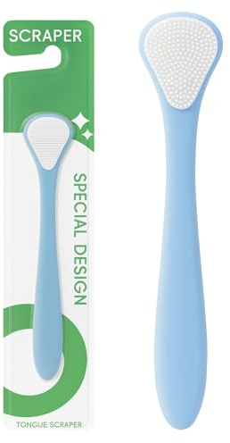 D & K Exclusives Tongue Scraper Cleaner with Soft Silicone Bristles, 1 Pack Tongue Brush for Adults & Kids, Dual Oral Care Tool for Oral Breath, Blue