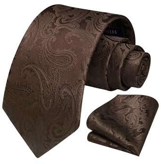 HISDERN Krawatte Herren Hochzeit Braun Krawatten und Einstecktuch Set Klassisch Paisley Krawattensatz fur Manner