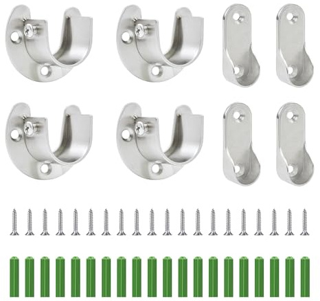 Pushiibee Supporto Tubo Rotondo, 8 Pezzi Supporto Barra Armadio con Viti, 2 Stili Argento Staffe a U per Barra Appendiabiti e Bastone Tenda per Cucina Bagno Balcone Camera