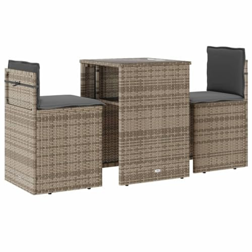 Qnhdfrt 3-TLG. Bistro-Set, Balkonmöbel aus Poly Rattan, Gartenmöbel-Set mit 2 Stühlen und Tisch, Gartensitzgruppe mit Kissen für Garten, Terrasse oder Balkon, Grau