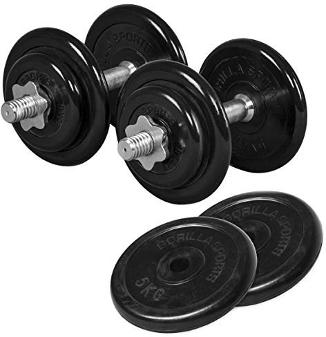 GORILLA SPORTS® Kurzhantelset 20kg - 2er Set, Gewichte 4x1,25kg / 4x2,5kg, mit 2 Hantelscheiben 5kg, 4 Sternverschlüssen, 30mm, Gusseisen, rutschfest, Gerändelt, Schwarz - Kurzhanteln, Kurzhantel Set