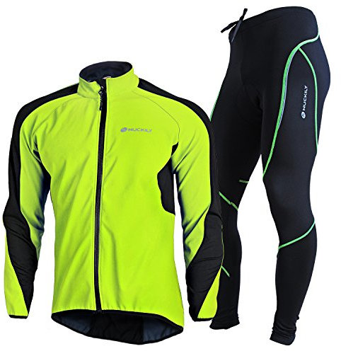 NUCKILY Herren Fahrradbekleidung Set Radtrikot Langarm Winddicht Herren Thermische Fleece Hosen Winter Radjacke und Fahrradhosen mit 3D Sitzpolster