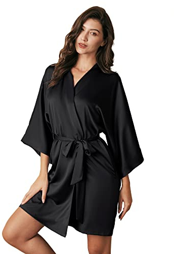 AW BRIDAL Black Silk Robes for Women and Ladies, Knee Length Satin Bathrobe with Pockets, Short Bridesmaid Robes for Wedding, Sexy Dressing Gown for Bridal Party, XS