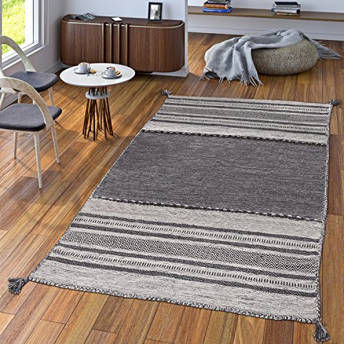 TT Home Handwebteppich Wohnzimmer Natur Webteppich Kelim Modern Baumwolle Streifen Grau, Größe:120x170 cm