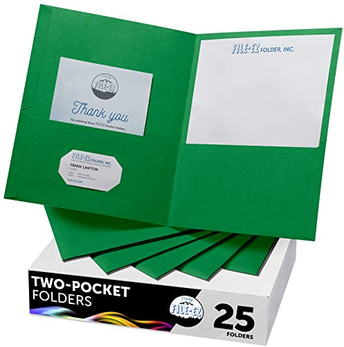 FILE-EZ Two-Pocket Folders, Green, 25-Pack, Textured Paper, Letter Size (EZ-32560)