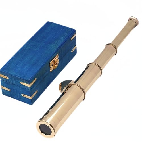 Piraten-Spyglass-Teleskop aus massivem Messing, antikes Hand-Segelfernrohr mit blauer Holzbox, nautisches maritimes Dekor für Zuhause, Schreibtisch, Büro und einzigartiges Geschenk