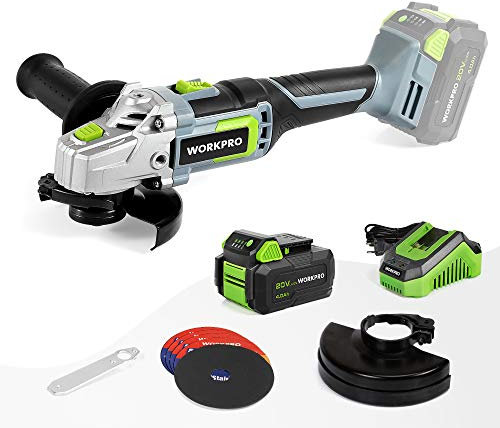WORKPRO Winkelschleifer, kabellos, 20 V, mit Akku 4,0 Ah, Ø125 mm, elektrischer Schleifer, kabellos, leicht, mit 5 Trennscheiben, 2 Schutzkappen, Schnellladegerät und Hilfsgriff