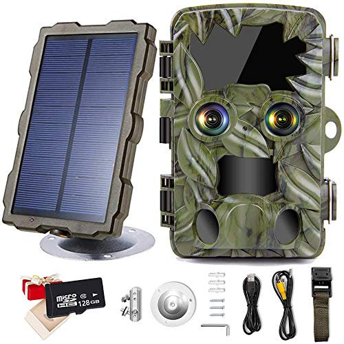 BraveKing Wildkamera Doppelobjektiv mit Starlight Nachtsicht 4K 20MP Jagdkamera mit 0,2s Bewegungsmelder 120° Weitwinkel IP66 Wasserdicht Überwachungskamera mit Solarpanel und Micro-SD-Karte,128g