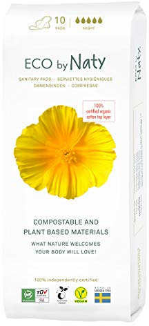 Eco by Naty Sanitary Pads Night – Plantbased and absorbent for Women, Organic Cotton Menstrual Product, Better for Feminine Health (10 Count)
