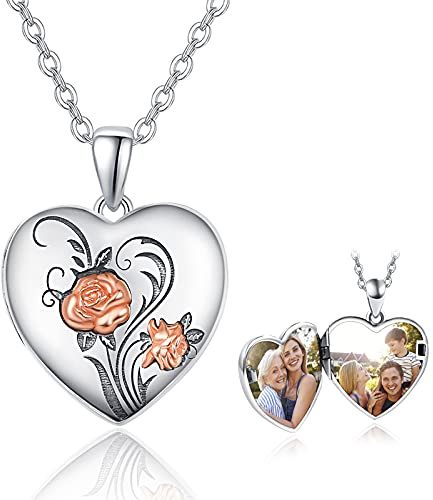 TANGPOET Medaillon Halskette 925 Sterling Silber Rose Blume Foto Medaillons zum öffnen Anhänger Schmuck Amulett Geschenk für Frauen Mädchen Familie