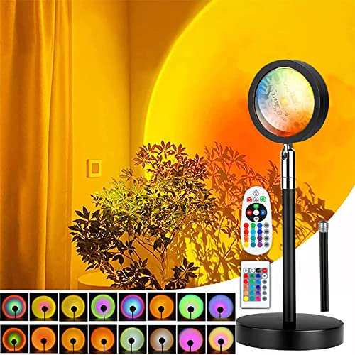 Lampe Coucher de Soleil, Sunset Lamp avec USB, Lumière Arc-en-Ciel Veilleuse LED Réglable en Hauteur 24 Couleurs 4 Modes dynamiques Deux Télécommandes Rotation 180°, Selfie/Photographie/Fête