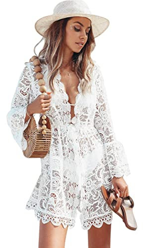 heekpek Women Beach Cover Ups Beachwear Casual Bikini Swimsuit Cover Up Beach Blouses Lace Crochet Bikini Cover Up Boho Beach Dress, White, Size M
