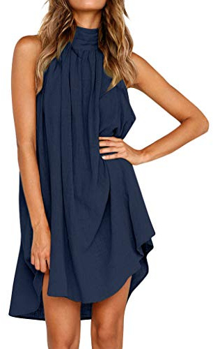 Graceyo Trägerkleid Damen Sommer Neckholder Schulterfrei Elegant Kleider Ärmelloses Sommerkleid Beach Cami Strandkleid Freizeitkleid Unregelmäßige Minikleider Swing Mini Kleid Sommerkleider, Blau, S