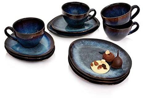 Sänger | Kaffeeservice Tokio 12 tlg, Service & Geschirrsets 4 Personen, Steinzeug Geschirr Set Kaffee & Dessert, Kaffeegeschirr Handmade Blau-Schwarz mit Braunen Akzenten 230 ml | PREMIUM COLLECTION