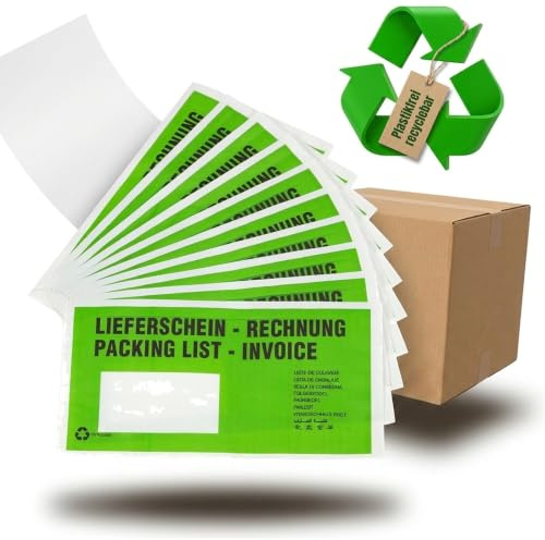 KK Verpackungen Lieferscheintaschen 240 x 135 mm | 100 Stück, Pergamin Papier 22 g/m² | DIN Lang selbstklebend | 9 Sprachen Aufdruck