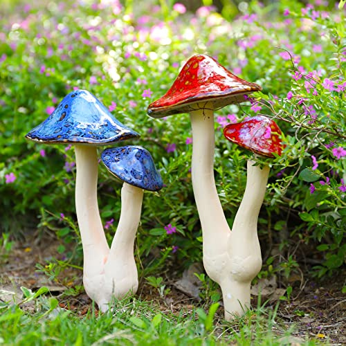 WONDER GARDEN Pilz-Hof-Dekoration, Keramik-Pilz-Statue für Garten, Feengarten, Keramik-Rasenornament, Dekoration, Pflanzenstecker