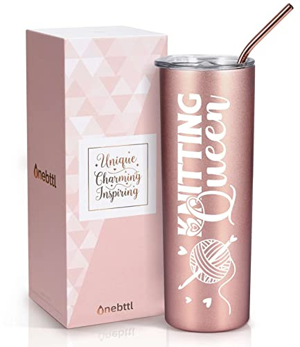 Onebttl Knitting Gifts for Women, Crochet Lovers - Knitting Queen - 20oz/590ml Stainless Steel Insulated Tumbler with Straw & Lid, Crochet Gift for Birthday, Christmas (Rose gold)
