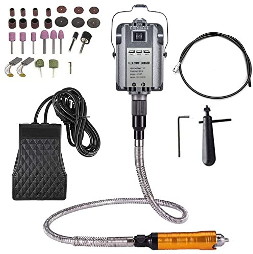 VOTOER 1200W Flex Shaft Grinder Rotary Tool Electric Hanging Carver, Forward and Reverse Rotation, Metalworking Jewelry Repair Kit, Foot Pedal Control, Metal Flexible Shaft, with Spare Inner Shaft