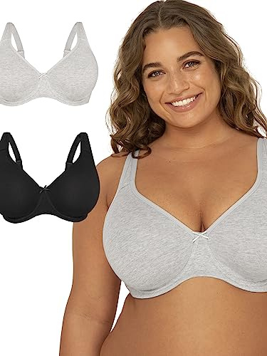 Fruit of The Loom Women's Cotton Unlined Underwire Bra 2 Pack Heather Grey/Black Hue 44DD