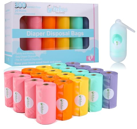 Diaper Bags Disposable for Baby, 20 Refill Rolls/300 Bags Waste Bags with Dispenser, Convenient and Quick Diaper Disposal, Rainbow
