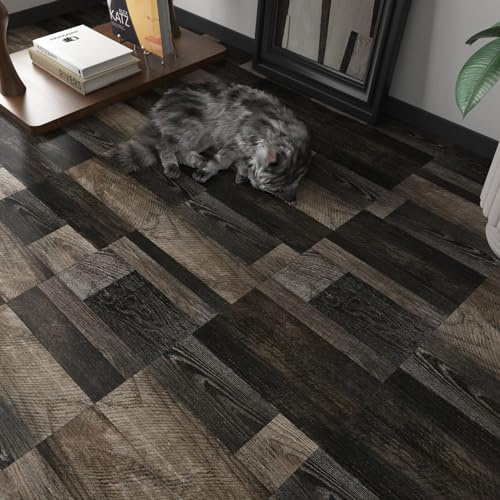 LaCheery Vinylboden Selbstklebend Schwarz Bodenfliesen Selbstklebend Holzoptik 36 Fliesen 30cm x 30cm Vinyl Bodenbelag Küche Fliesenaufkleber Boden Schwarz Braun für Schlafzimmer 3.24㎡