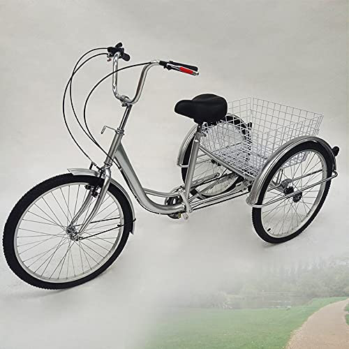 Brride 24 Zoll 6-Gang Dreirad für Erwachsene mit Korb und Licht, bis 110kg, Dreirad Fahrrad Stadtrad, Robust und Sicher Karbonstahlrahmen, verstellbare Sitzhöhe & Lenker, stabile Fahrt - Silber