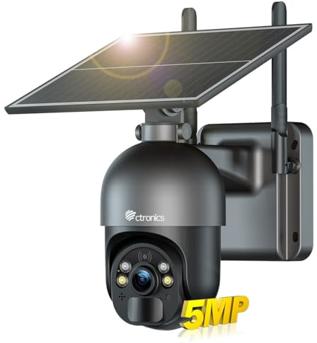 Ctronics 5MP Solar Security Camera Outdoor Wireless, 6W Solar Panel, Sound-Light Alarm, PC/Phone Remote Control, CCTV Outdoor Camera with Color Night Vision, Cloud/FTP Storage