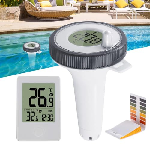 Pooltermometer, TGKYK pooltermometer med omgivningstemperatur, klockfunktion, PH-papper, pooltermometer, poolradiotermometer för pool, damm