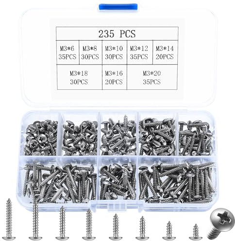 235 Pcs M3 Tornillos Autorroscantes de Cabeza Redonda, Tornillos para Madera, Tornillos de Cabeza Plana Cruzada, Tornillos de Cabeza Phillips, Tornillos Autoperforantes para Metal Pladur
