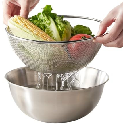 SPXTOM Set scolapasta, cestello scolapasta a Doppio Strato in Acciaio Inox, cestello scolapasta con Vasca, for Pasta, Spaghetti, Frutti di Bosco, insalate(19cm)