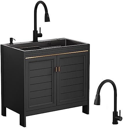 Commercial Sink Single Bowl Utility Sink Stainless Steel Stand Alone Sink with Drainer Unit and Cold and Hot Water Pipe Faucet for Laundry Restaurant Kitchen Indoor Outdoor Black.