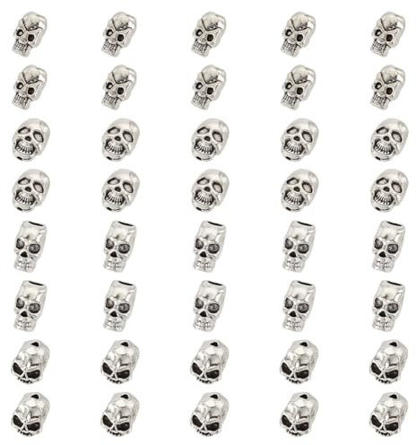 HOBBIESAY 40 Stück 4 Stile Antike Silberne Totenkopfperlen 8-12mm Totenkopfperlen Im Tibetischen Stil Legierung Totenkopf Lose Abstandsperlen Totenkopfkopfperlen Loch: 1.5-4mm