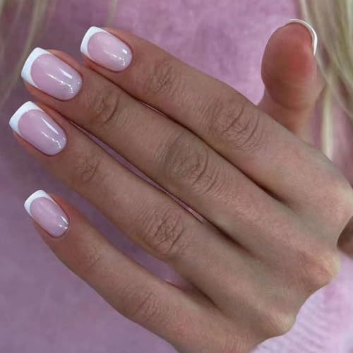Ceboic 24 Stück Künstliche Nägel Kurz Eckig, Glänzend Weiß Rand Fingernägel zum Aufkleben Full Cover Falsche Nägel, Acryl French Press on Nails für Frauen Mädchen Nail Art