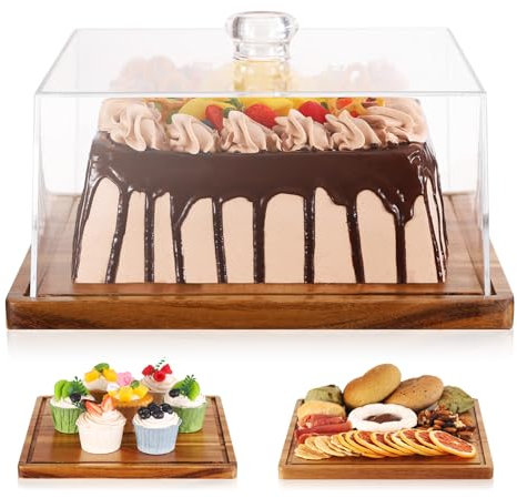 Square Cake Stand with Lid，11in Acacia Wood Cake Stand with Dome，Dessert Display Stand with Acrylic Cover for Cheese，Pie，Chips & Dips，Serving Platter with Cover for Kitchen/Party/Wedding/Birthday