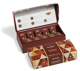 Tea Forte | Caja de 10 pirámides de Té Orgánico | Petite Caja de presentación muestras de té, caja de té variada | piramidales hechos a mano (Warming Joy Chest)