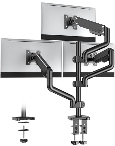 EP Gear Triple Monitor Mount – Verstellbare Gasfederhalterung für 3 Monitore bis zu 27 (max. 9 kg), VESA 75x75 & 100x100 mm, C-Klemme & Grommet-Montageoptionen für die Schreibtischinstallation