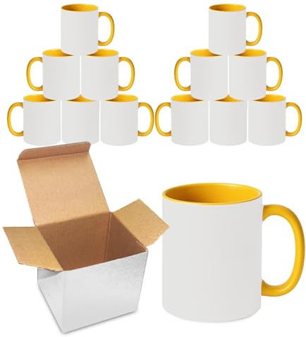 Sublimation Mugs 11oz Blank with Coloured Large Handle & Inner with Box | Durable, Ceramic Orca Finished Mugs Perfect for Custom & DIY Printing, for Loved Ones | Yellow Bulk Pack of 12