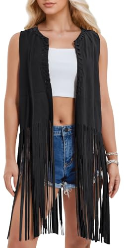 FEOYA Country Western Long Fringe Vests Cowboy Waistcoat Women 71s Disco Suede Fringed Jacket XL