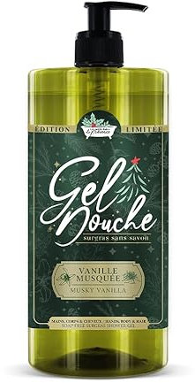 Gel Douche Surgras Vanille Musquée 1L Les Petits Bains de Provence - Édition Limitée Noël, Sans Savon, 96% Ingrédients Naturels, Corps et Cheveux